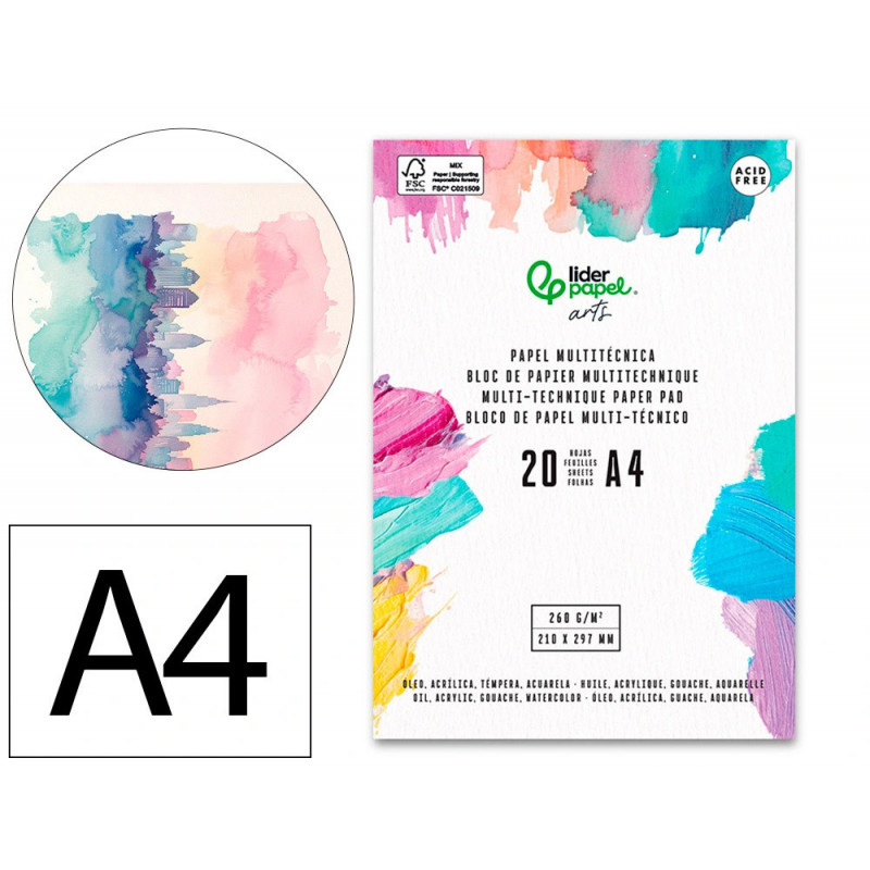 Bloc de papier multi-techniques liderpapel format a4 pour acrylique huile et gouache 20 feuilles