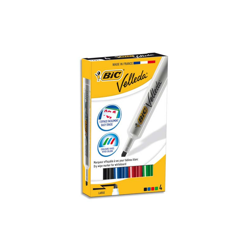 BIC Velleda 1791 Feutre pour Tableau Blanc Effaçable à Sec Pointe Large Biseautée - Couleurs Assorties x4