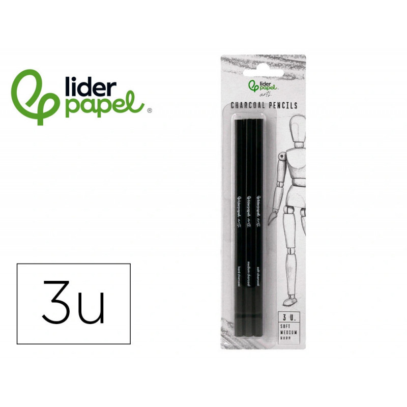 Crayons fusain liderpapel pour grande ligne etui de 3 unites doux moyen et dure certifie fsc