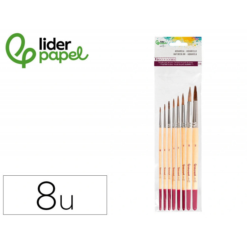 Pinceaux aquarelle liderpapel poil naturel de poney blister de 8 unites assortis certifie fsc