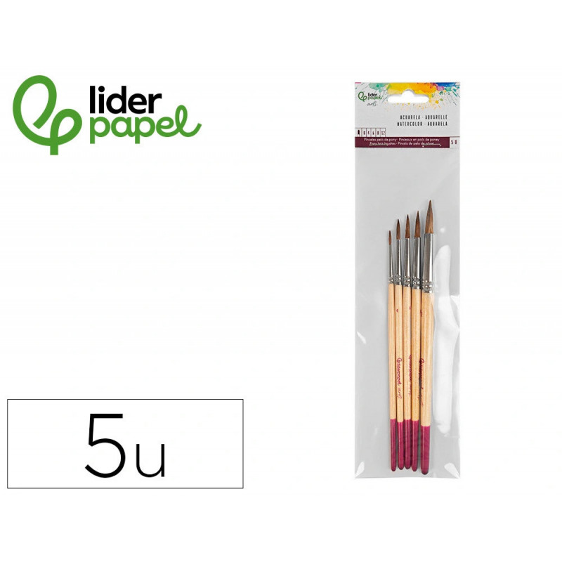 Pinceaux aquarelle liderpapel poil naturel de poney blister de 5 unites assortis certifie fsc