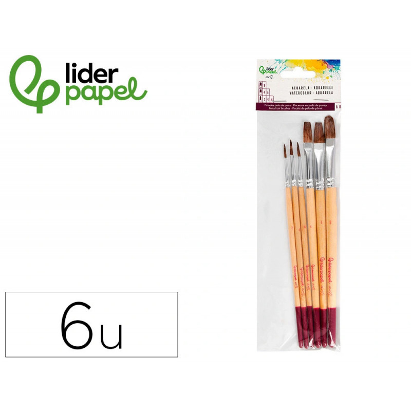Pinceaux en poil naturel de poney liderpapel pointes assorties blister de 6 unites certifie fsc