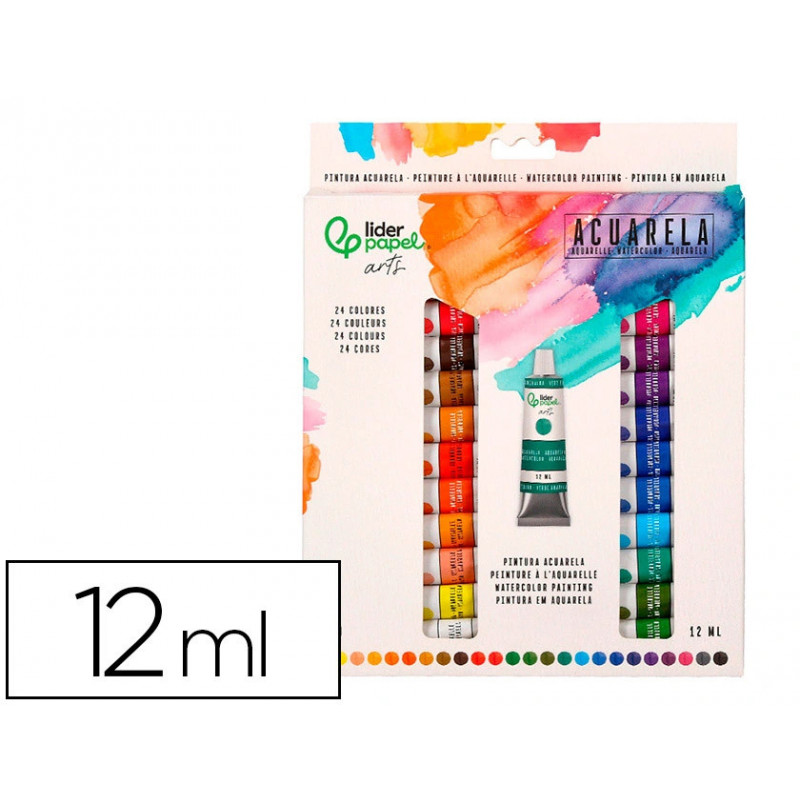 Peinture aquarelle liderpapel boite de 24 tubes en aluminium de 12 ml coloris assortis