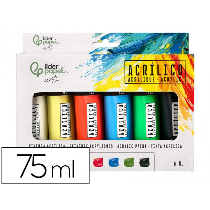 Peinture acrylique liderpapel boite de 6 tubes en plastique 75 ml coloris standards