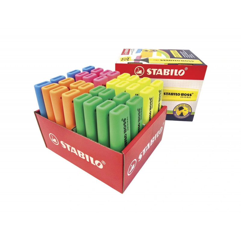 Surligneur stabilo boss original encre base eau pointe biseautee trace 2/5mm coloris assortis probox 32