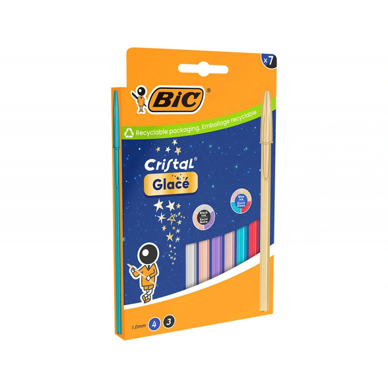 Stylo-bille bic cristal original glace pointe moyenne 1,0mm capuchon encre et coloris assortis etui 7