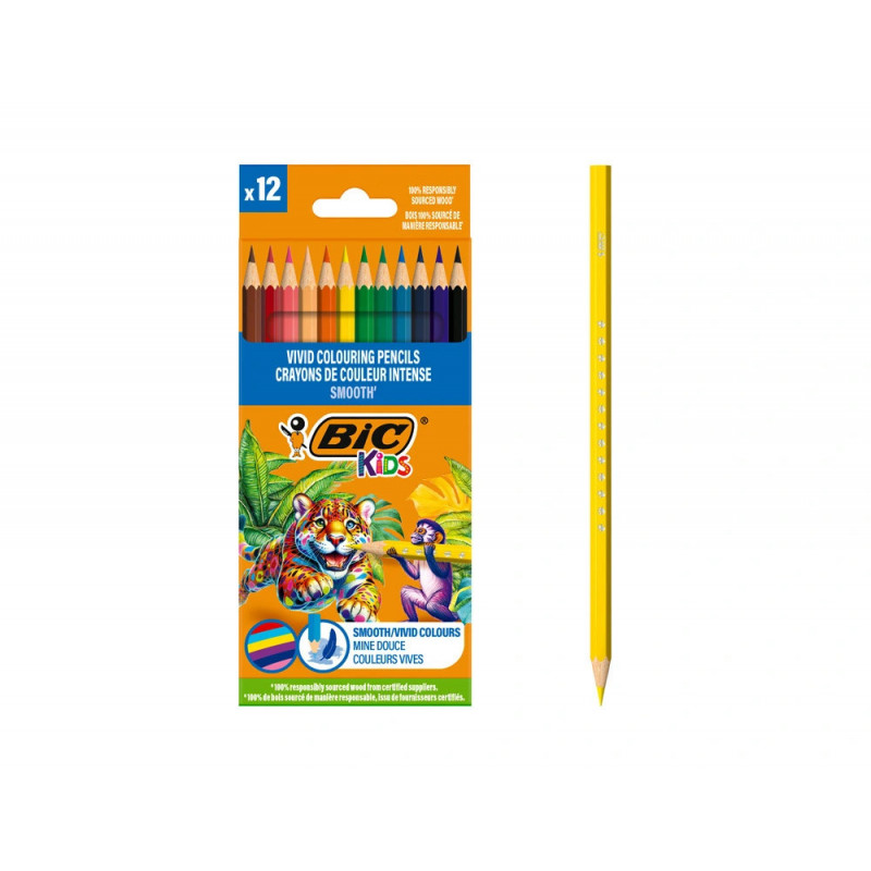 Crayon couleur bic kids smooth coloris assortis etui 12 unites