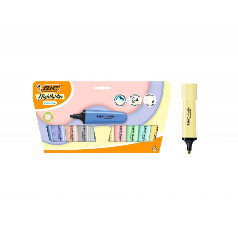 Surligneur bic highlighter plat pointe biseautee coloris pastel assortis pochette 10 unites