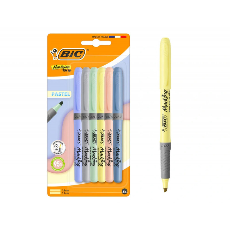 Surligneur bic highlighter grip pointe biseautee coloris pastel assortis pochette 6 unites