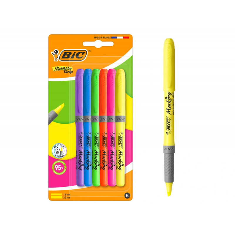 Surligneur bic highlighter grip pointe biseautee coloris fluo assortis pochette 6 unites