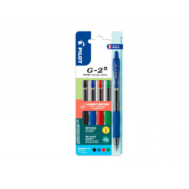 Roller pilot g-2+ encre gel pointe moyenne coloris assortis pochette 4 unites