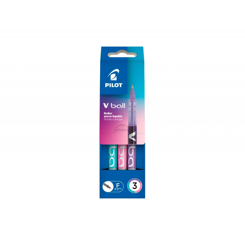 Roller pilot v-ball 05 pointe conique fine retractable encre liquide coloris assortis pochette 3 unites