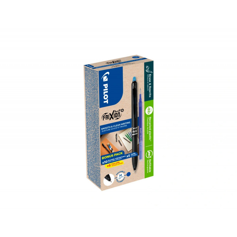 Roller pilot frixion ball plus green pack encre gel bleue effacable retractable pointe moyenne 10 unites + 10