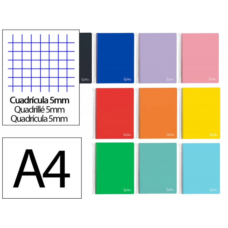 Cahier spirale liderpapel witty a4 couverture rigide 120 feuilles 90g/m2 5x5mm 4 trous perfores coloris