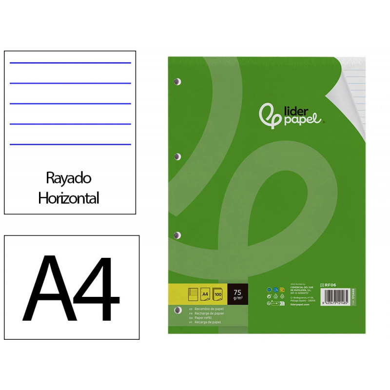 Feuillet mobile liderpapel a4 perfore ligne 75g marge 4 trous paquet 100 feuilles