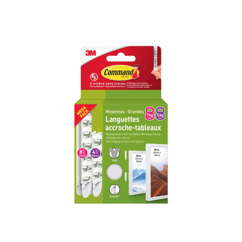 Languette adhesive command accroche-tableau coloris blanc boite 8 4 unites taille m + 8 unites taille l