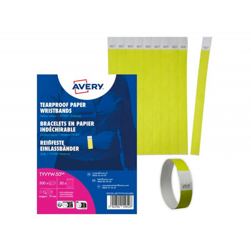 Bracelet avery papier indechirable matiere tyvek largeur 19mm coloris jaune fluo 500 unites