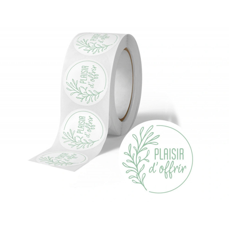 Etiquette autocollante avery plaisir d'offrir nature vert & blanc ronde diam. 35mm rouleau 500 unites