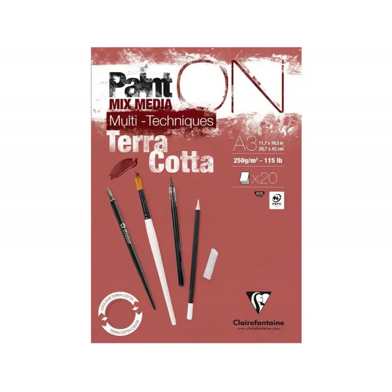 Bloc dessin clairefontaine paint on encolle a3 20 feuilles 250g coloris terracotta