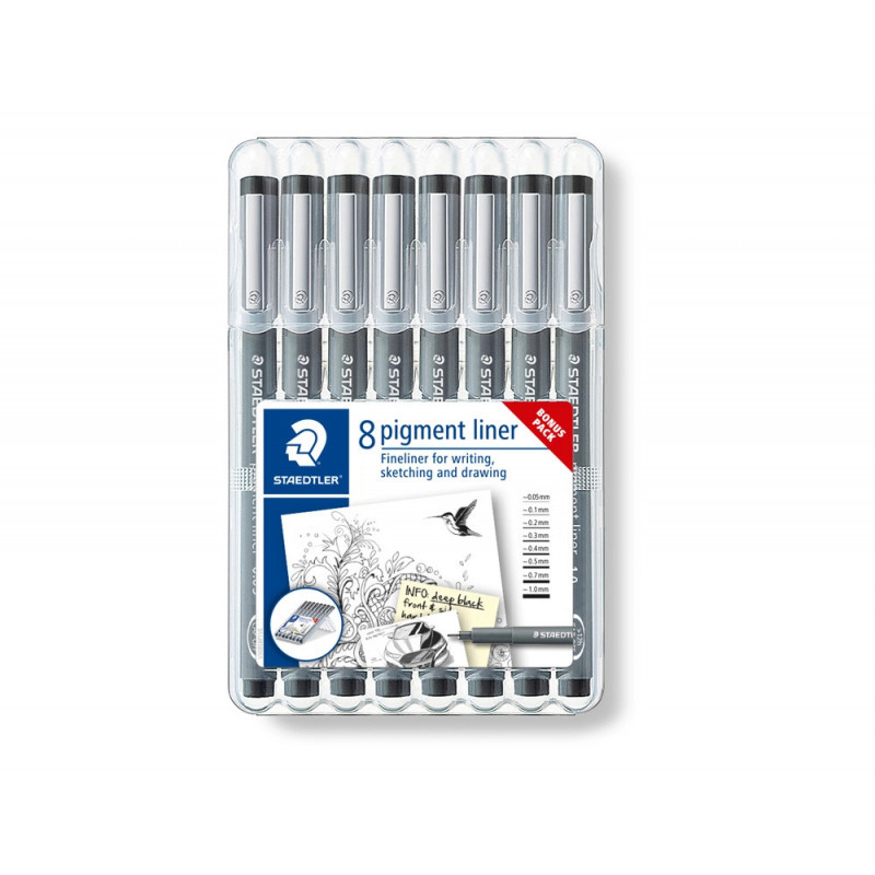 Stylo-feutre staedler pigment liner 308 encre noire clip metal pointes assorties etui 8 unites dont 3 offertes