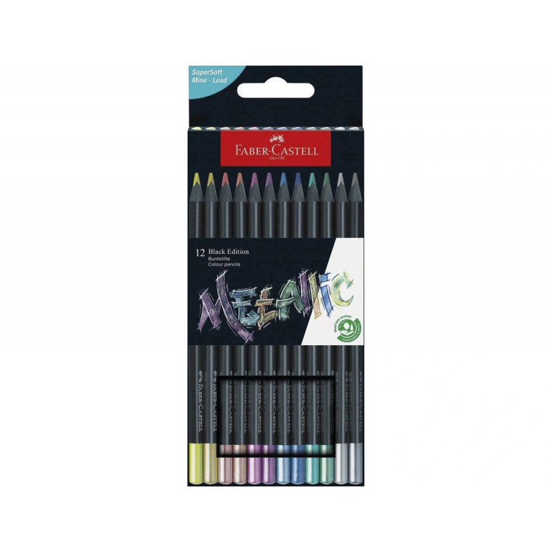 Crayon couleur faber castell black edition corps triangulaire mine tendre tons metalliques pochette 12