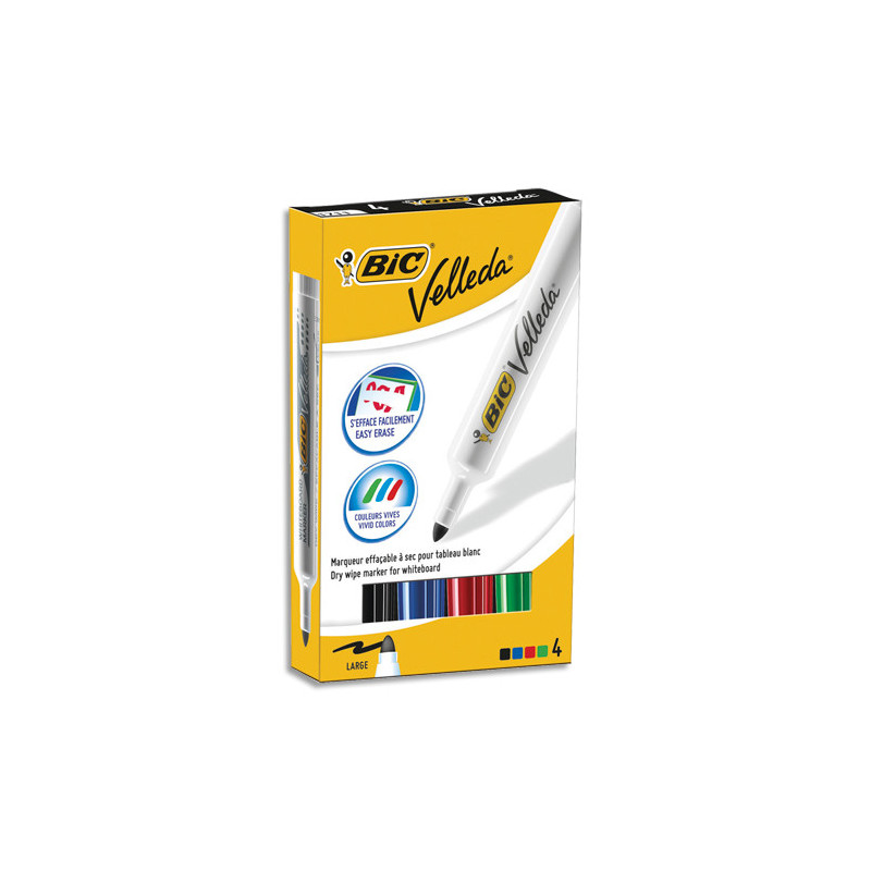 BIC Velleda Feutres pour Tableau Blanc Effaçables à Sec à Pointe Conique Moyenne - Couleurs Assorties x4