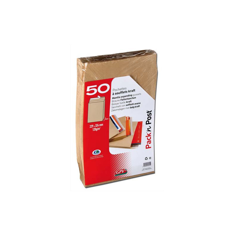 GPV paquet de 50 pochettes kraft brun auto-adhésif, format C4 229x324mm soufflet 30mm120g