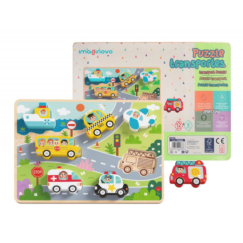 Puzzle enfant imaginovo vehicules 3d bois +12 mois 8 pieces 29,5x22x1,7 cm