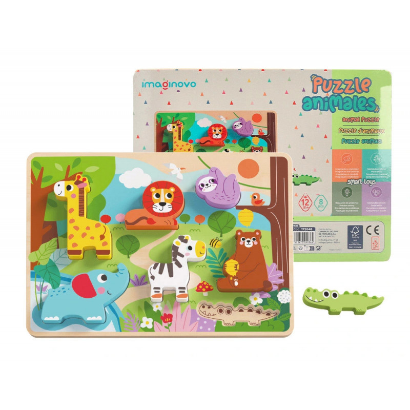 Puzzle enfant imaginovo animaux 3d bois +12 mois 8 pieces 29,5x22x1,7 cm
