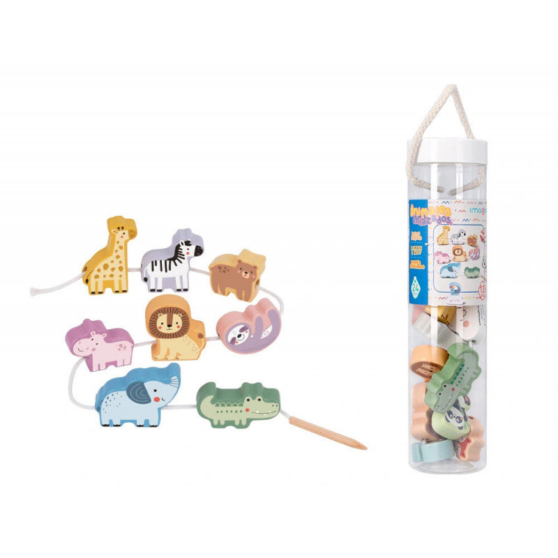 Jeu enfant imaginovo perles d'animaux a enfiler bois +24 mois 13 pieces 27x6,5x6,5 cm