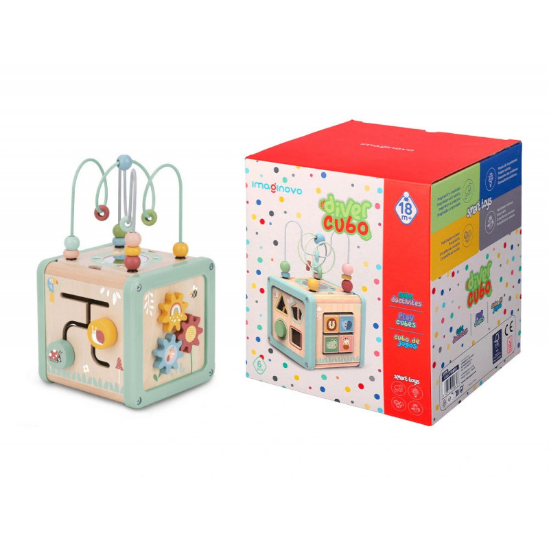 Jeu enfant imaginovo cubes d'activites bois +18mois 15,5x15,5x28 cm