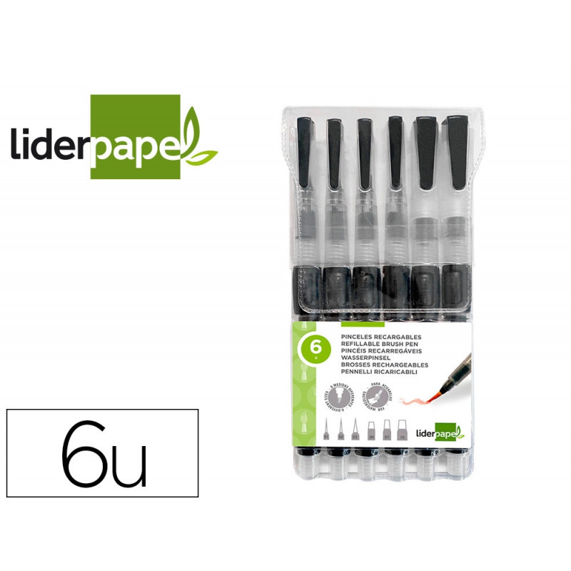 Pinceau liderpapel rechargeable pointes tailles assorties set 6 unites