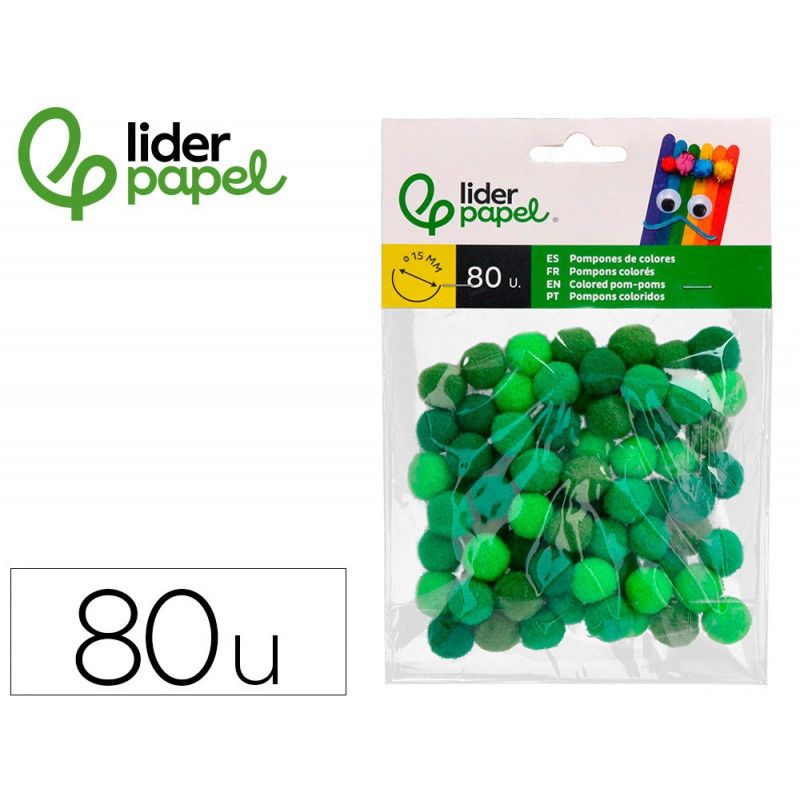 Pompons de couleur liderpapel diametre 1,5cm coloris nuances vert assortis sachet 80 unites