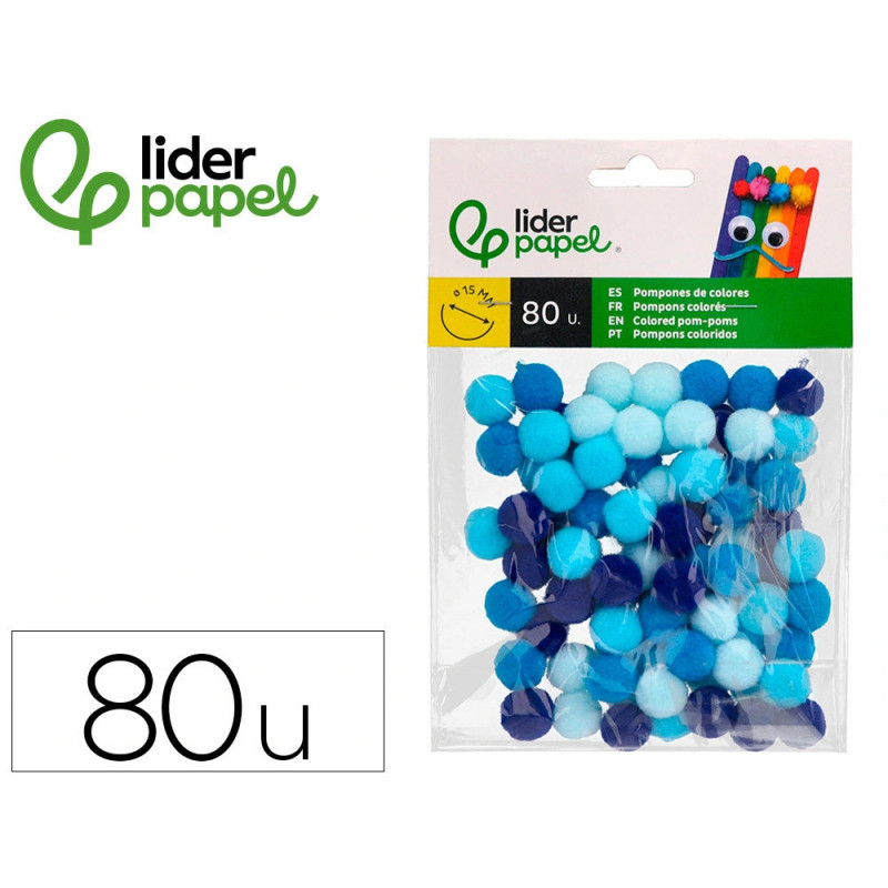 Pompons de couleur liderpapel diametre 1,5cm coloris nuances bleu assortis sachet 80 unites