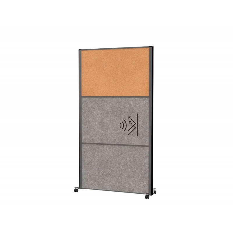 Cloison maul connecto 180x100cm mobile 2 modules acoustiques gris fonce + 1 module tableau en liege