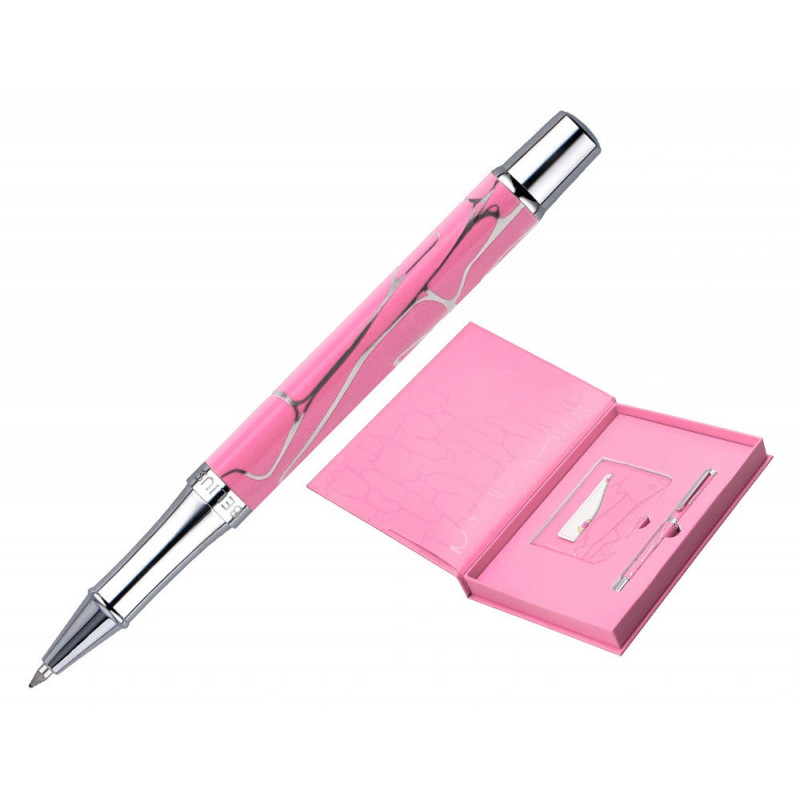 Stylo-bille belius cocktails cosmopolitan aluminium encre bleue relief rose argente boite design