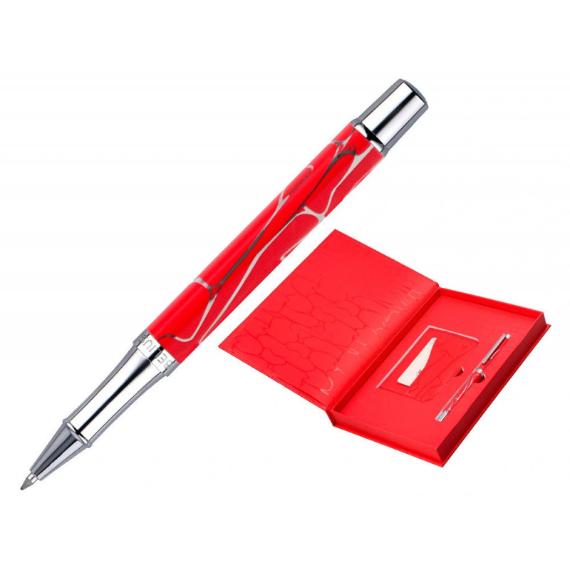 Stylo-bille belius cocktails bloody mary aluminium encre bleue relief rouge argente boite design