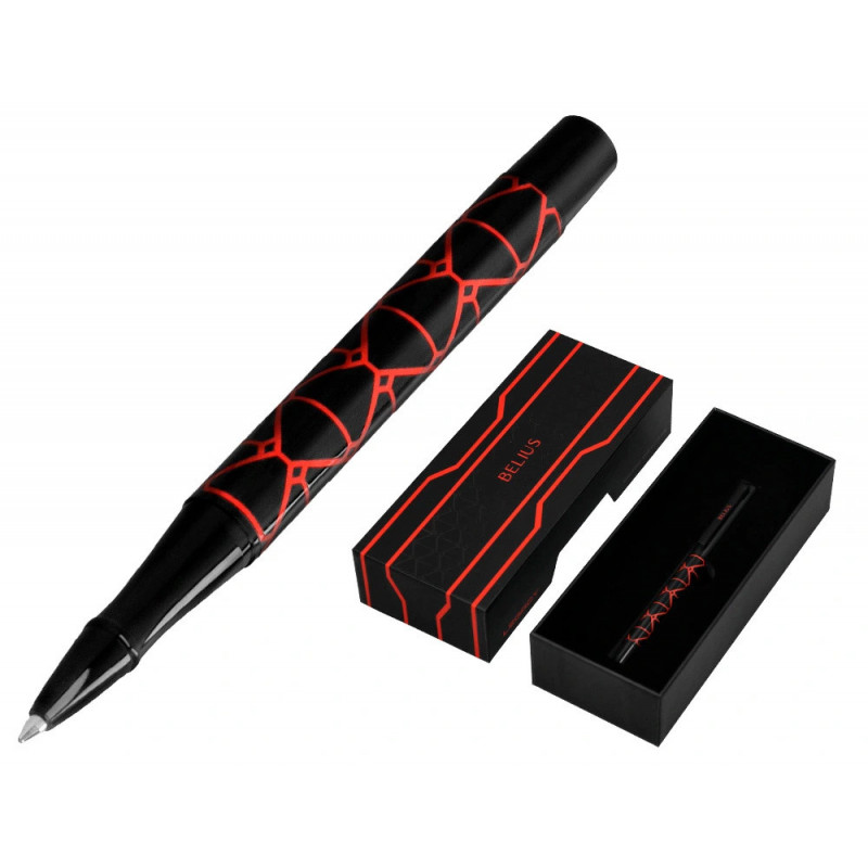 Stylo-bille belius legacy aluminium encre bleue design triangle rouge corps noir boite design