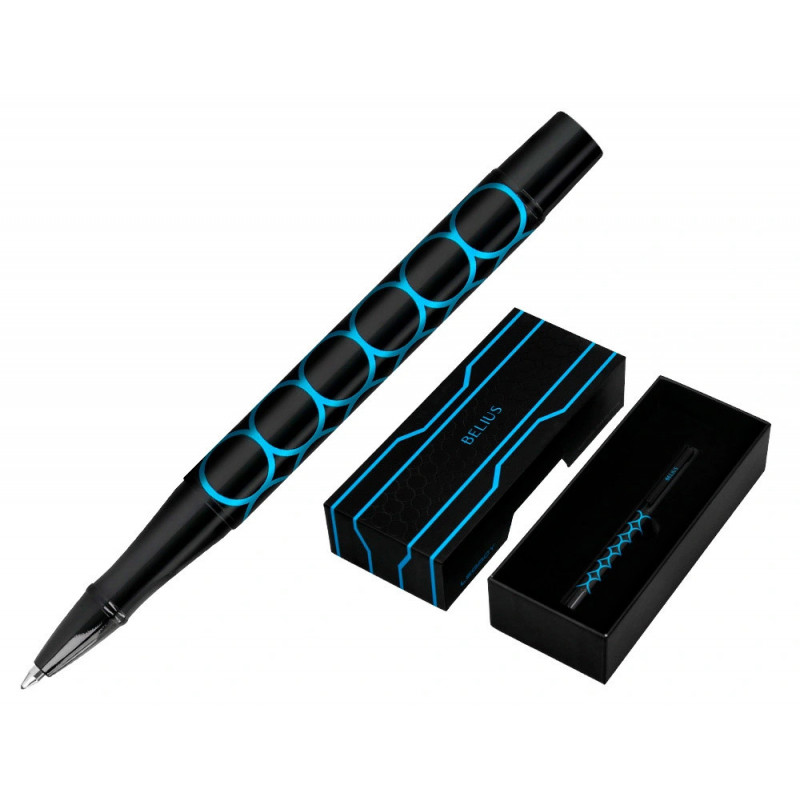 Stylo-bille belius legacy aluminium encre bleue design cercles bleux corps noir boite design