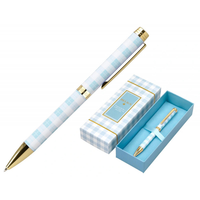 Stylo-bille belius picnic aluminium encre bleue coloris bleu ciel dore boite design