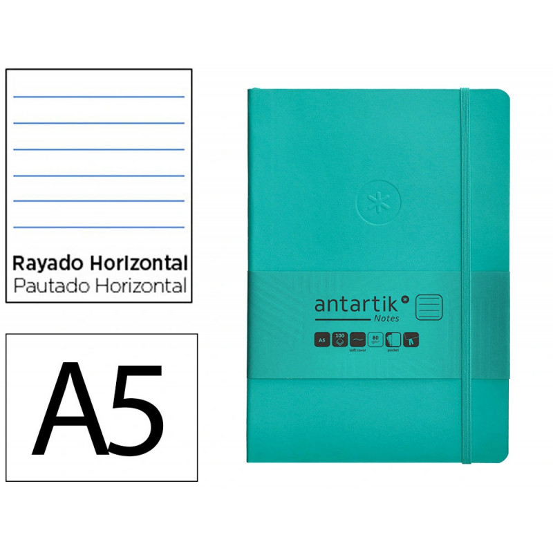 Carnet fermeture elastique antartik notes couverture souple a5 ligne 100 feuilles 80gr fsc coloris turquoise