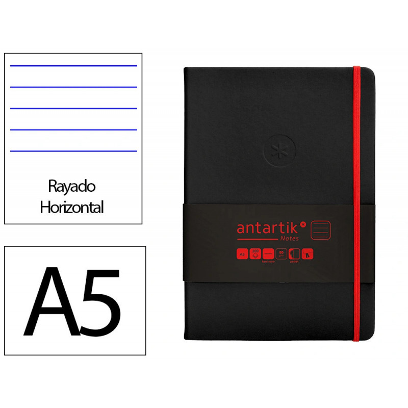 Carnet fermeture elastique rouge antartik notes couverture rigide a5 ligne 100feuilles 80gr fsc coloris noir
