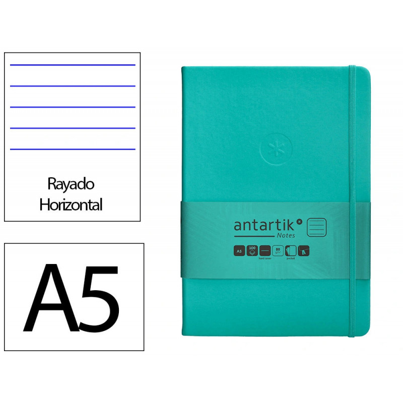 Carnet fermeture elastique antartik notes couverture rigide a5 ligne 100 feuilles 80gr fsc coloris turquoise