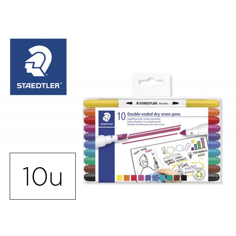 Feutre coloriage staedtler 3010 effacable a sec double pointe ogive/biseaute coloris assortis set 10 unites