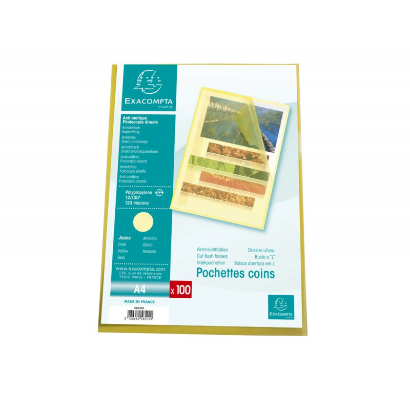 Pochette coin exacompta a4 pp graine 12/100eme 120 microns coloris jaune paquet 100 unites