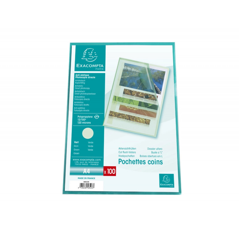 Pochette coin exacompta a4 pp graine 12/100eme 120 microns coloris vert paquet 100 unites