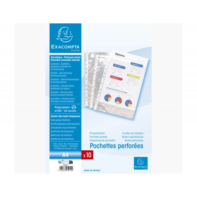 Pochette perforee exacompta a4 pp lisse 6/100eme 60 microns paquet 10 unites