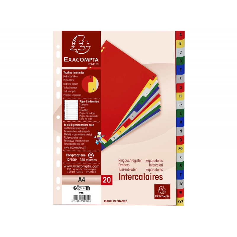 Intercalaire exacompta a4 alphabethique a-z pp 20 onglets index + coloris assortis