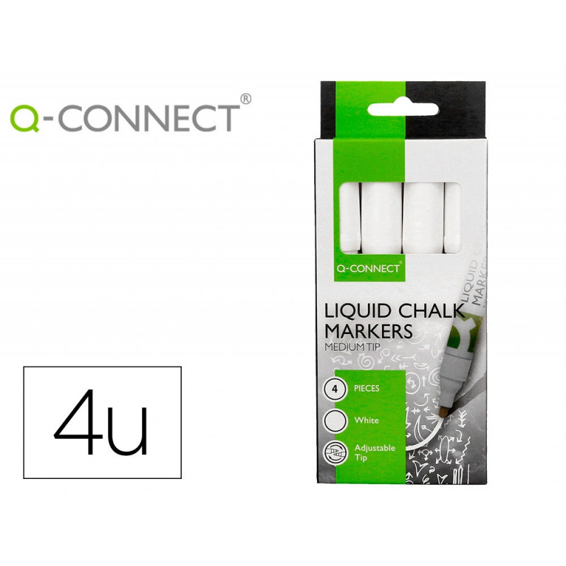 Marqueur q-connect craie liquide pointe ronde trace 3mm coloris blanc boite 4 unites