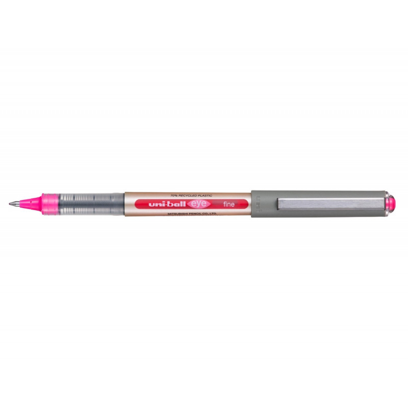 Roller uniball eye plastique recycle encre liquide ecriture moyenne pointe metal coloris rose